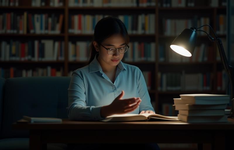 Mitarbeiter liest in der gut ausgestatteten Medienbibliothek der Akademie