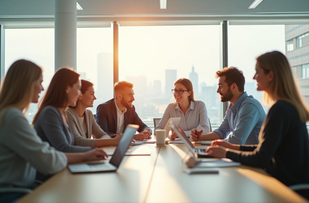 Teammitglieder arbeiten in einem hellen, modernen Büro zusammen in der Alpenblick Media Academy
